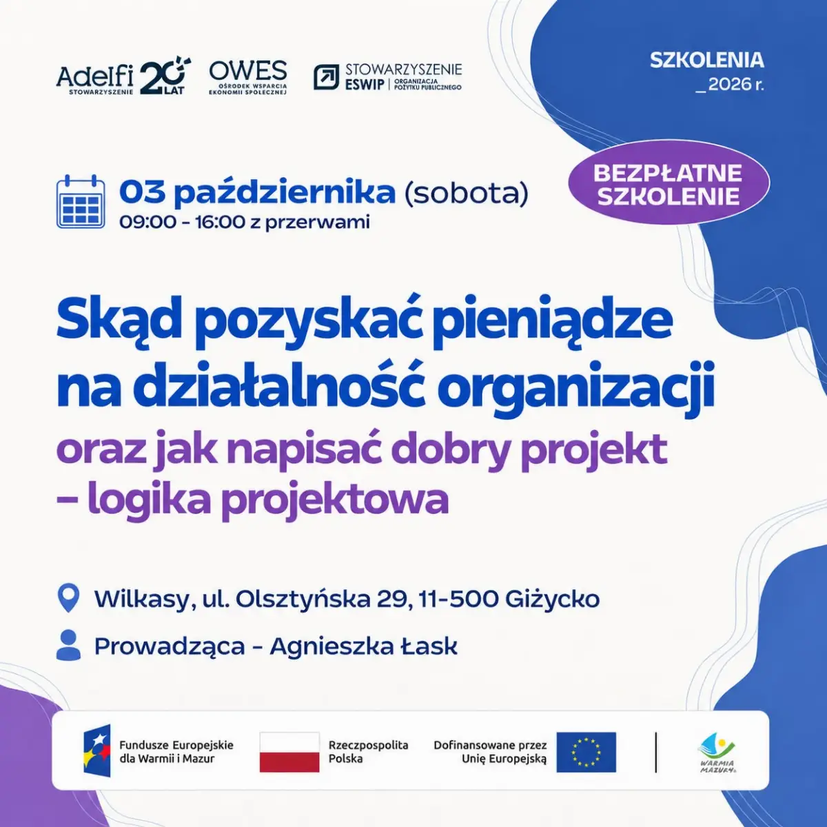 Bezpłatne szkolenie o pozyskiwaniu funduszy organizowane przez Stowarzyszenie Adelfi
