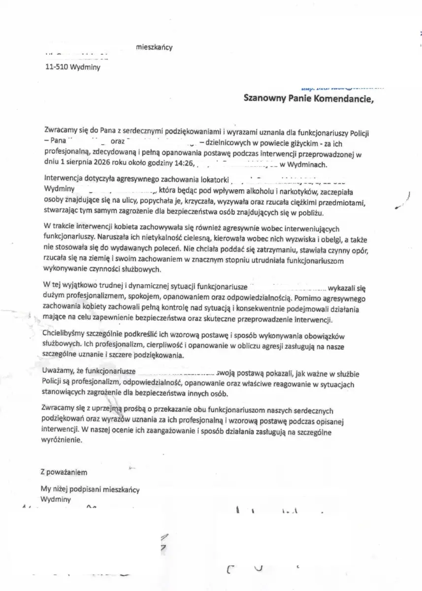 Mieszkańcy Wydmin wyrazili wdzięczność dla dzielnicowych za ich interwencję