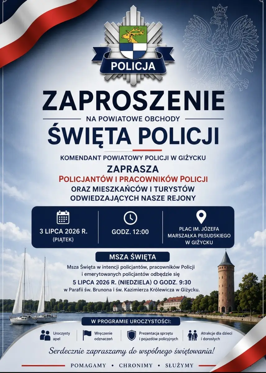 Powiatowe Obchody Święta Policji w Giżycku – zaproszenie dla mieszkańców i turystów